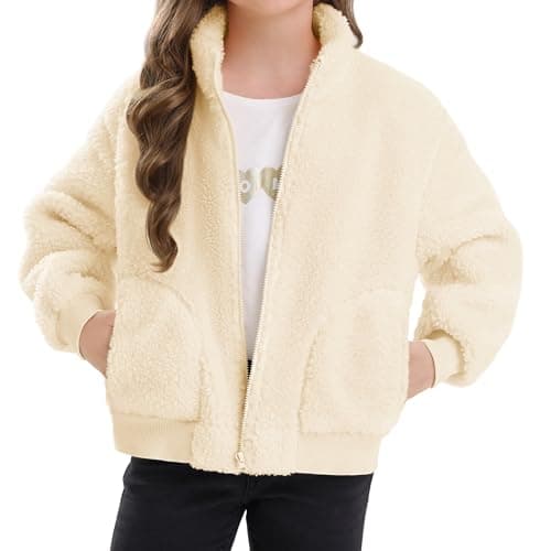 Stelle Girls Sherpa Jacket Fall Fleece Coat Full Zip Winter Fuzzy Outerwear with Pockets for 14-15 Years(Creme, XXL) - Image 1