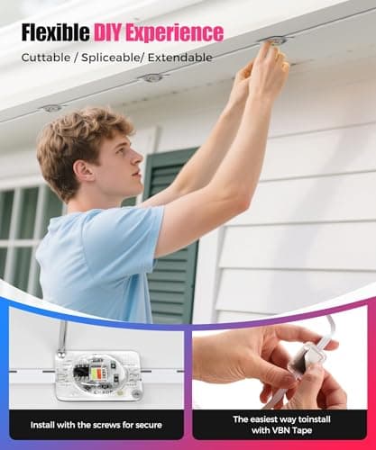 POOFZY Permanent Outdoor Lights for House,100ft RGB+IC Smart Outdoor Decor, 50 Scene Modes,App/Remote Control,IP67 Waterproof,for Christmas,Super Bowl,V-Day,Thanksgiving,Daily & Holiday Party Decor - Thumbnail 6