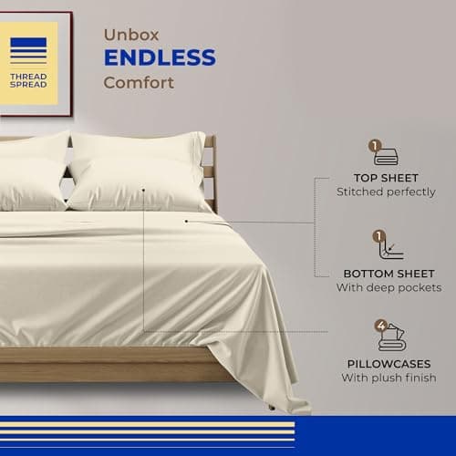 THREAD SPREAD 100% Egyptian Cotton King Size Sheets Set - 800 Series Euphoria Collection King Size Sheets (6 PC, Ivory), 16" Deep Pocket, Hotel Bed Sheet, Soft, Cooling, Sateen Bed Sheet - Thumbnail 3