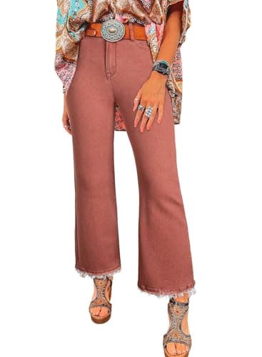 Astylish Womens Jeans High Waisted Ripped Wide Leg Bootcut Trousers Stretchy Vintage Ankle Denim Jeans Size 6 Mineral Red - Image 1