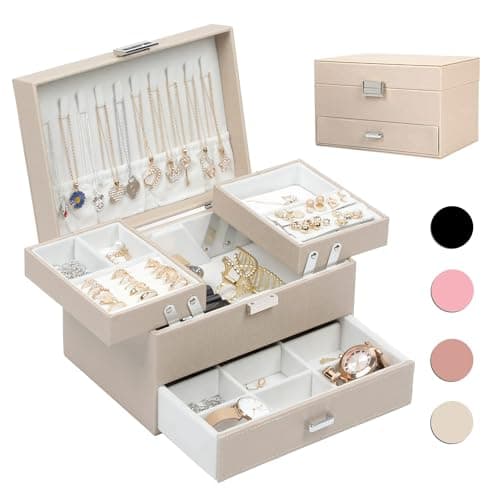 Dajasan Jewelry Box Organizer, Jewelry Boxes for Women Girls, 3 Layers Jewelry Gift Box for Christmas, Valentine's Day, Birthday, Mother's Day (Champagne) - Image 1