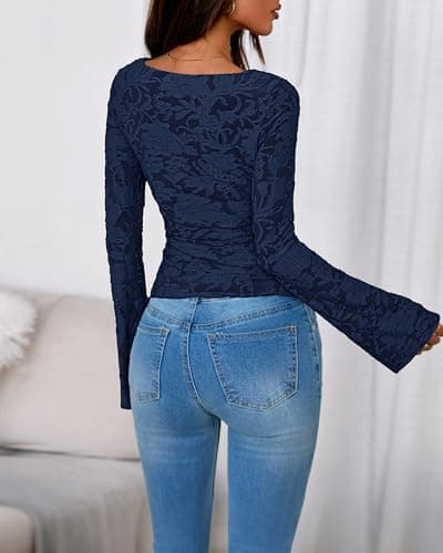 BTFBM Casual Long Sleeve Shirts Spring 2026 Going Out Tops for Women Trendy Floral Work Blouses Bodycon Tunics(Navy Blue,XX-Large) - Thumbnail 6