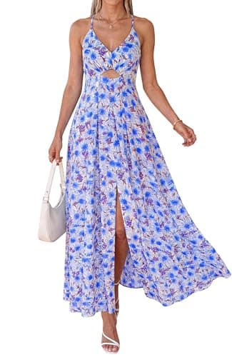 BTFBM Summer Dresses for Women 2026 Spring Floral Spaghetti Strap Smocked Cutout Maxi Dress Resort Beach Vacation Outfit(Floral Blue, X-Large) - Image 1