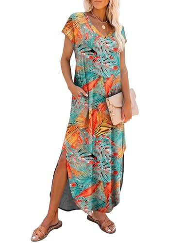 RUMIA Summer Casual Maxi Dresses for Women- Women's V Neck Cap Sleeve Long Sundress with Pockets Beach Vacation - Image 1
