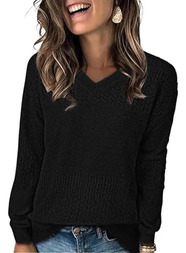 NORACORA Women's V Neck Fall Sweaters Crochet Soft Lightweight Ribbed Knit Loose Pullover Sweater Long Sleeve Tops 2025 Trendy Outfits Black - Thumbnail 2