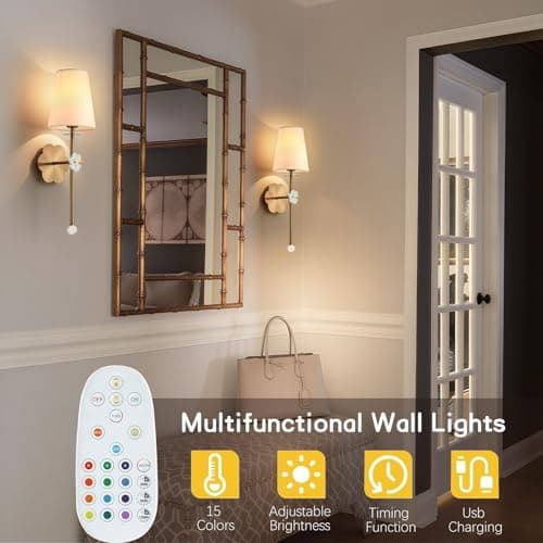 MHSNL Battery Operated Wall Sconces,Crystal Plum Blossom Decor Rechargeable Wall Lights Set of 2 with Detachable and Remote Cordless Wall Sconce Indoor for Bedroom Living Room Hallway Stairs Gold - Thumbnail 2
