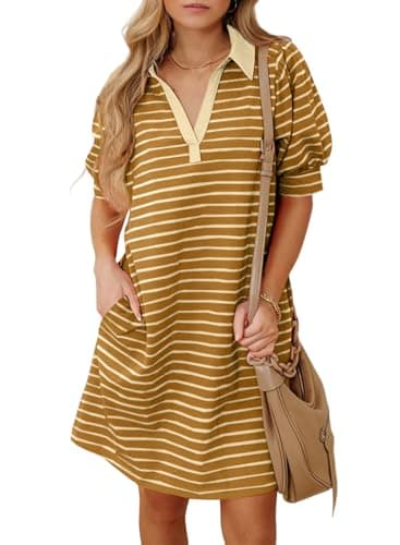 BLENCOT Womens Striped Summer Dresses Polo V Neck Puff Short Sleeve Color Block Casual A Line T Shirt Dress with Pockets Khaki M - Image 1