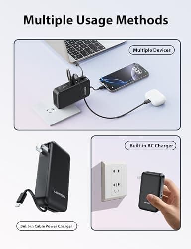 10000mAh Power Bank, 2-in-1 Portable Charger, Built in USB C Cable Battery Pack with 65W AC Wall Plug, Travel Essential Phone Powerbank Compatible with iPhone 17/16/15, iPad, Samsung, MacBook, Black - Thumbnail 3