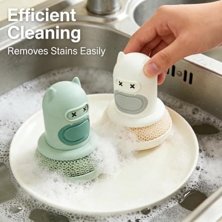 Dish Brush with Soap Dispenser, Cute Monster Ergonomic Non-Slip Handle, Replaceable Non-Scratch Scrubber Head, Built-in Drip Tray, Multi-Purpose Food-Safe Kitchen Cleaning Tool, 11cm/4.33in Tall, - Thumbnail 4