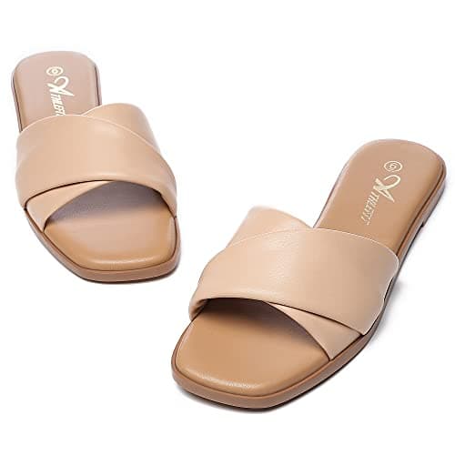 Athlefit Women's Summer Flat Sandals Dressy Comfortable Fashion Beach Leather Slide Nude Sandals Size 11 - Thumbnail 5