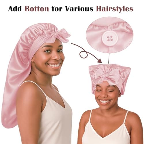 Long Hair Bonnet for Women, XL Silky Satin Sleeping Cap with Tie Band for Braids Curly Hair, Includes 10PCS Scrunchies Pink - Thumbnail 2