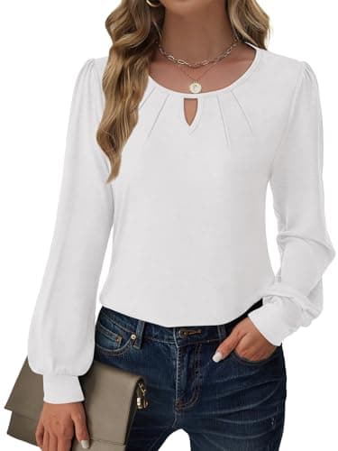 GKBK Women's Long Puff Sleeve Tops Dressy Business Casual Blouses Basic Loose Fit V Neck Work Shirt Pleated Keyhole 2025 Fall Winter Clothes Going Out Outfits White Large - Image 1
