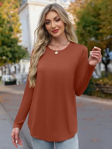 JUSTFASHIONNOW Womens Long Sleeve Tops Casual Fall Shirts Crew Neck Tees Cute Blouses Dressy Thanksgiving Tunic Tops Winter Basic T Shirts (Caramel, Small) - Thumbnail 4