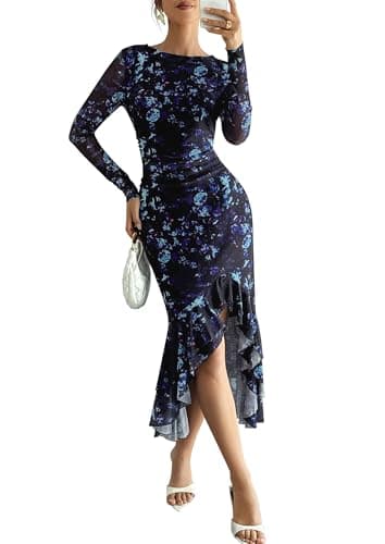 ECOWISH Women's Spring Wedding Guest Dress 2026 Long Sleeve Ruched Bodycon Floral Ruffle Cocktail Party Maxi Dresses Black X-Large - Image 1