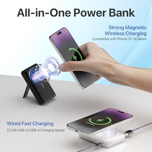 pangootek Magnetic Portable Charger, 10000mAh Wireless Power Bank with Stand and USB C in/Out LED Display, Battery Pack for iPhone 16/15/14/13/12/Pro/Mini/Pro Max - Thumbnail 2