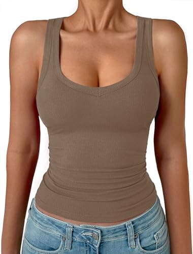 GKBK Womens Sleeveless Tank Top Form Fitting Spaghetti Strap V Neck Ribbed Knit Workout Lounge Basic Slim Fitted Crop Summer 2025 Cami Layering Casual Shirts Brown L - Image 1