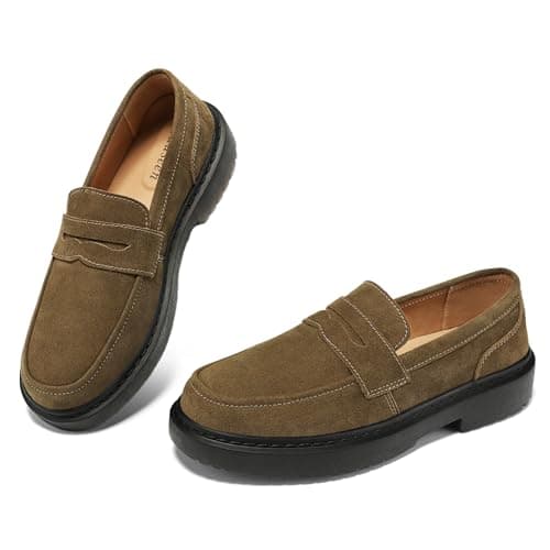 BEAUSEEN Women's Suede Penny Loafers Casual Lightweight Slip On - Comfortable Walking Shoes,Chic Flat for Work & Travel Olive,10.5 US - Image 1