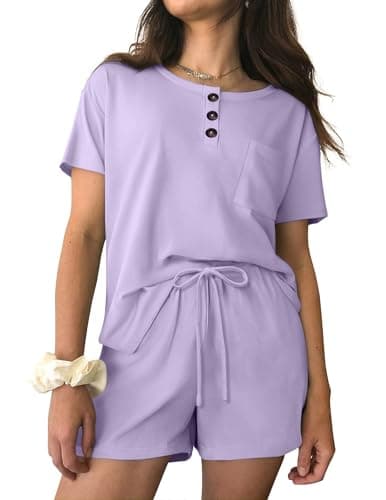 Ekouaer Womens Pajama Sets 2 Piece Ribbed Knit Pjs Short Sleeve Soft Sleepwear Summer Lounge Sets,Purple,S - Image 1