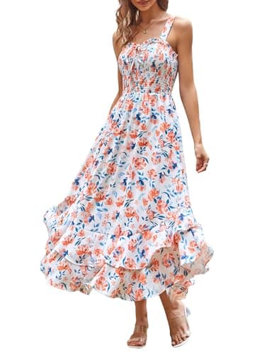 GRACE KARIN Women's 2026 Summer Floral Boho Dress Square Neck Strapped Swing A Line Sundress Beach Long Maxi Outfits Orange Floral L - Image 1