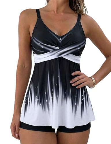 Firpearl 2026 Tankini Swimsuits for Women Two Piece Bathing Suits with Shorts Modest Tank Top Swim Dress XL/US14 Black&White Ombre - Image 1
