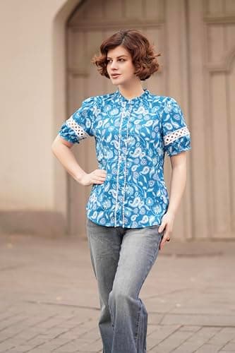GRACE KARIN Women Boho Floral Tops, Summer Short Eyelet Sleeve Dressy Casual Shirts, Spring Button Down Blouse 2026 Trendy Blue X-Large - Thumbnail 3