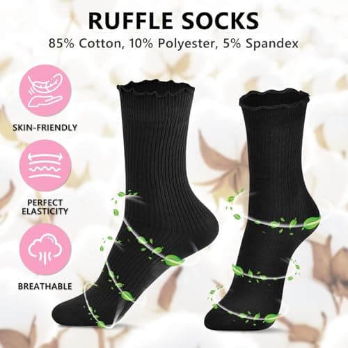 MORECOO Ruffle Socks Woman, Ruffle Turn-Cuff Breathable Cool Knit Cotton Lettuce Frilly Crew Mid-Calf Socks 6 Pack - Thumbnail 5