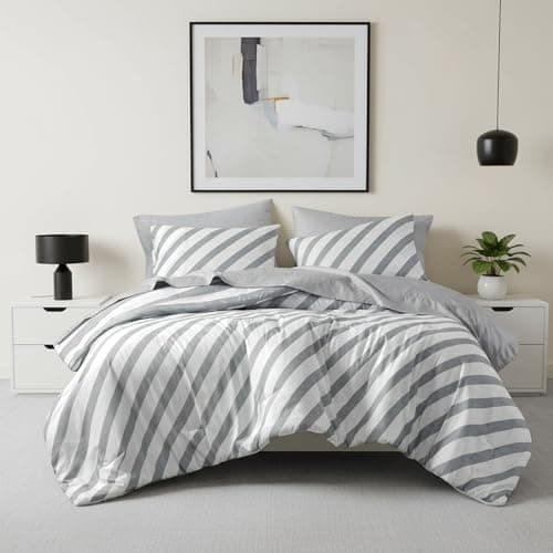 Reversible Striped King Comforter Set-Bed in A Bag 7-Pieces Bedding Set with Double-sided Stripes Design-Warm & Cozy Bed Set Includes King Size Comforter, Sheets set, Pillowcases and Shams, Grey - Image 1