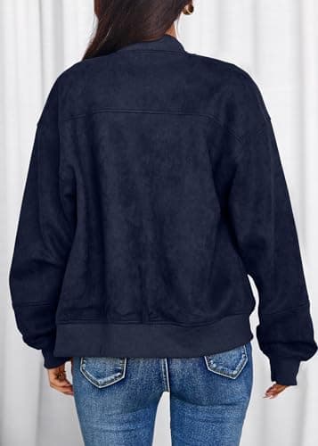 Lazysmile Women's Faux Suede Bomber Jackets Fall Fashion Outfits Winter Clothes Stand Collar Zip Up Coats Outwear - Thumbnail 2