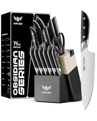 Haugo Kitchen Knife Set with Block: 14-Piece German Stainless Steel Full Tang Professional Knife - Comfortable Grip Reduces Hand Fatigue 30% - Dishwasher Safe & Sharpener - Black Knife Set for Cooking - Image 1