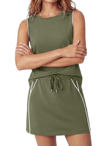 Casly Lamiit Womens 2 Piece Skort Set Summer Lounge Tennis Skirt Set Active Resort Wear Spring Break Short Skirt Dress Striped Sweatsuits Army Green M - Image 1