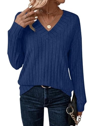 JUSTFASHIONNOW Blouses for Women Dressy Casual V Neck Long Sleeve Shirts Soft Sweaters Fall Tops for Women 2025 Parchment Clothe(Purplish blue,Medium) - Image 1