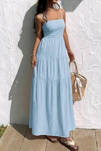 Okiwam Women's Summer Dress 2026 Casual Boho Sleeveless Spaghetti Strap Smocked Maxi Dress Ruffle Long Beach Sundresses-L Blue - Thumbnail 4