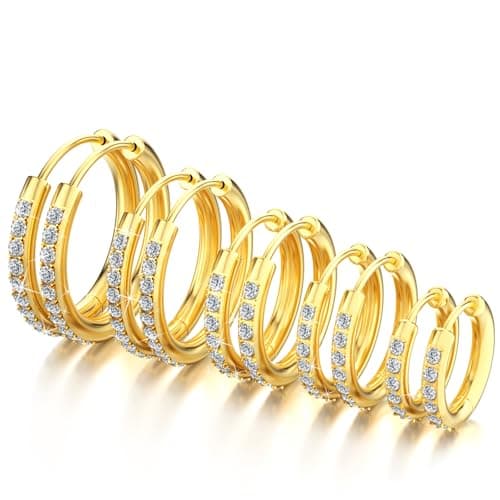5Pairs Gold Hoop Earrings for Women 316L Hypoallergenic Surgical Steel Cubic Zirconia Gold Plated Hoops Earrings Sets Valentine's Day Christmas Mother's Day 13mm/15mm/17mm/21mm/23mm… - Image 1