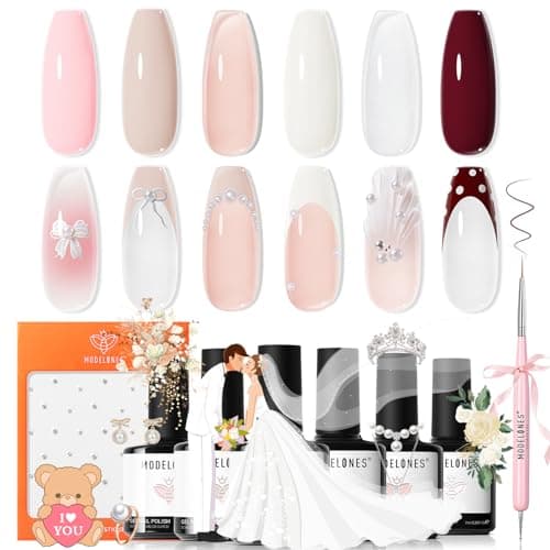 Modelones Gel Nail Polish Set -6 Colors Nude Pink White Gel Polish Kit Skin Tones Brown Milky White French Jelly Nail Gel Polish Nail Art Salon DIY Gift with Pearl Stickers & Nail Dotting-Liner Brush - Image 1
