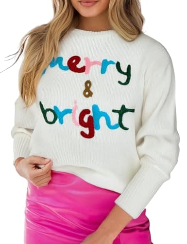 Christmas Sweater for Women Merry And Bright Xmas Pullover Top Crewneck Chenille Letter Patch Jumper (White-XL) - Image 1