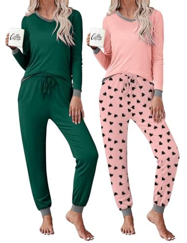 Frcdaunrs Matching Pajamas Set for Women Cute Fall Pjs Long Sleeve 2 Piece Warm Sleepwear Cozy Loungewear Heart Print - Image 1