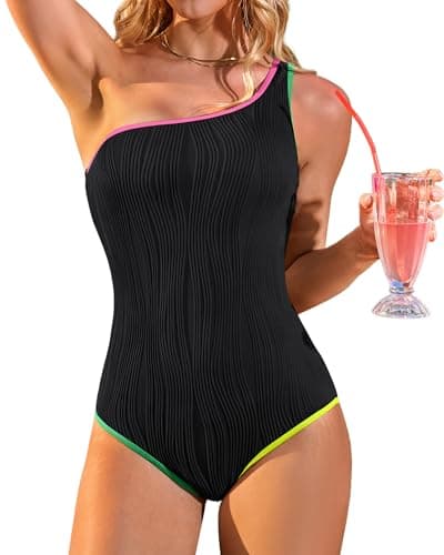 Charmo Womens Textured One Piece Bathing Suit One Shoulder Modest Swimsuit Slimming Full Coverage Swimwear 2026 Black L - Image 1