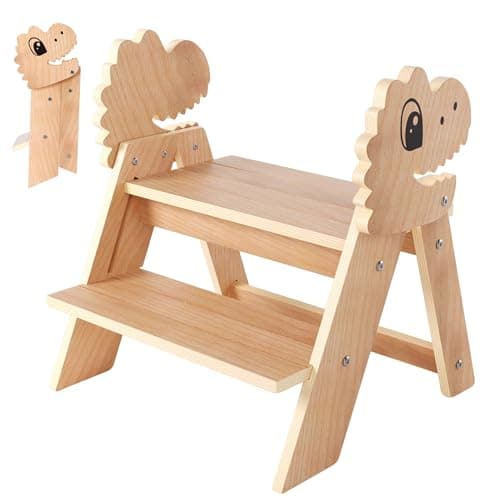 Novarieth Beech Wooden Toddler Step Stool, 2-Step Foldable Stool for Kids with Non-Slip Surface, Baby Bathroom Stool for Potty Training, Bathroom Sink, Kitchen Counter with Cute Dinosaur Design - Image 1