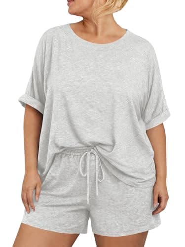 Beautife Womens Plus Size 2 Piece Outfits Short Sleeve Shirt Tops and Shorts Pajama Sets Summer Casual Loungewear Grey - Image 1