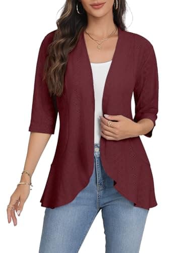 Askyes Women Summer Cardigan Plus Size 3/4 Sleeves Open Front Ruffles Eyelet Knit Casual Dressy Cardigan,Burgundy,3XL - Image 1