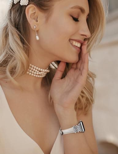 Wearlizer Leather Band Compatible with Apple Watch Bands Women 42/44/45/46/49mm, Dressy Fancy Interlocking Hexagon Buckle Strap for iWatch Series 11 10 9 8 7 6 5 4 3 SE/Ultra 3 2 1-Starlight/Silver - Thumbnail 6