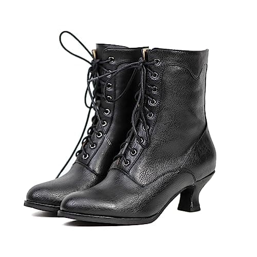 Yremael Women's Victorian Ankle Boots - Mid Calf, Round Toe, Chunky Heel, Lace Up Witch & Knight Boots in Black - Image 1
