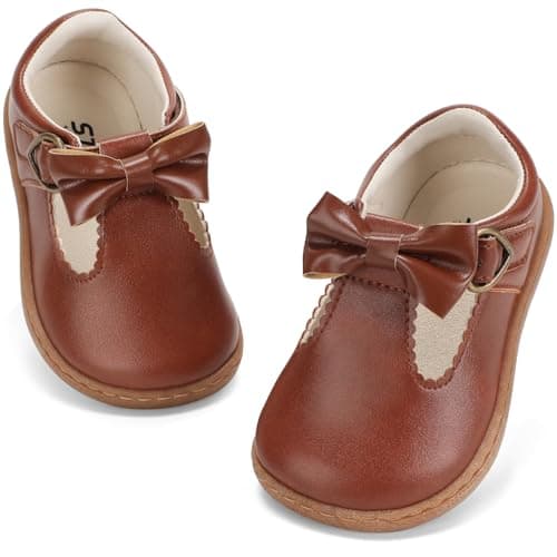 STQ Toddler Girls Dress Shoes Wide Toe Box Mary Jane Flats Ballet Wedding School Uniform Flower Ballerina Baby First Walking 6-12 12-18 Months Babies Casual with Zero Drop Brown Toddler Size 10 - Image 1