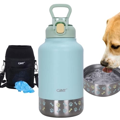 GiNT 37oz Insulated Stainless Steel Dog & Human Water Bottle | Leakproof Travel Dispenser with Detachable 10oz Bowl, 24H Cold/12H Hot, Carrying Case for Walking, Hiking,Camping & Outdoor Travel(Green) - Image 1