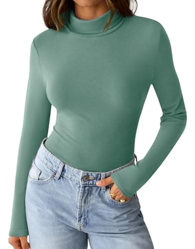 GKBK Womens Long Sleeve Shirts Mock Turtleneck Turtle Neck Fall Fashion Basic Thermal Underwear Layer Tops Tight Slim Fit Cute Ribbed T-Shirts Winter Trendy Clothes 2025 Dark Green XL - Thumbnail 5