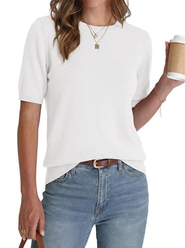 BTFBM Short Sleeve Sweater for Women Spring Tops Crew Neck Lightweight Pullover Loose Dressy Casual Blouse Basic Clothes(White, X-Large) - Image 1