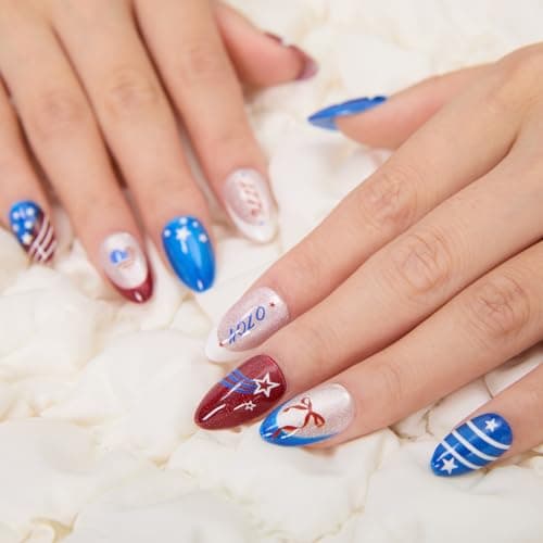 SKUPHI 4th of July Press On Nails Memorial Day Nails Almond Cat Eye Salon Quality Handmade Reusable Stick On False Nails 32 Nail Kit-16 Sizes - Thumbnail 4