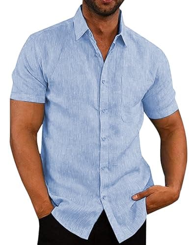 JEKAOYI Button Down Linen Shirts for Men Short Sleeves Cotton Casual Shirt with Pockets for Summer Beach - Image 1