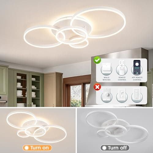 Modern LED Ceiling Light White Flush Mount Ceiling Light Dimmable Dining Room Light Fixtures with Remote 5 Rings Acrylic Kitchen Lighting Fixtures Ceiling Lamp for Living Room Bedroom (White, 5 Rings) - Thumbnail 5
