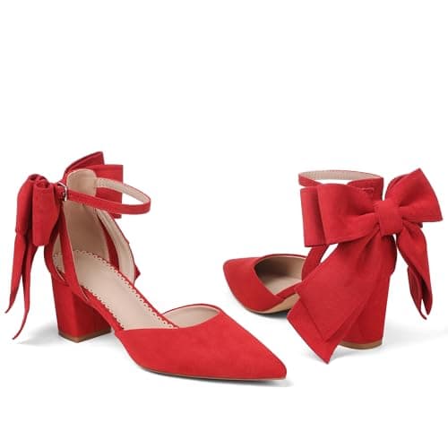 Yremael Women's Red Pointed Toe Pumps Bow Ankle Strap Chunky High Heels Dress Wedding Shoes - Thumbnail 5
